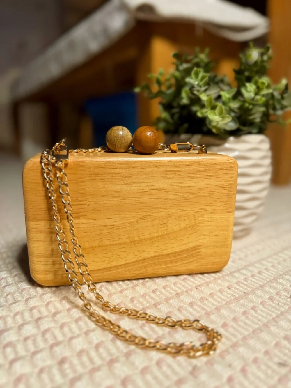 Unique Wooden Box Kisslock Clutch with Gold Chain by Inge Christopher